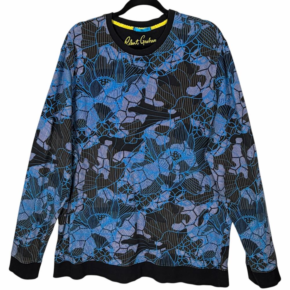 Robert Graham Zurich Sweatshirt Mens 2XL XXL Blue Floral Heavyweight Tshirt